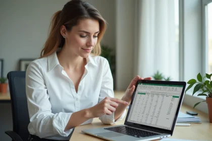 Femme concentrée pointant une référence Excel sur son ordinateur