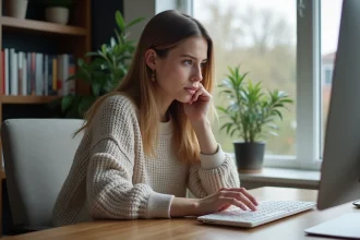 Jeune femme au bureau à la maison avec ordinateur
