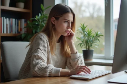 Jeune femme au bureau à la maison avec ordinateur