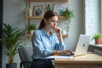 Jeune femme au bureau utilisant un ordinateur portable