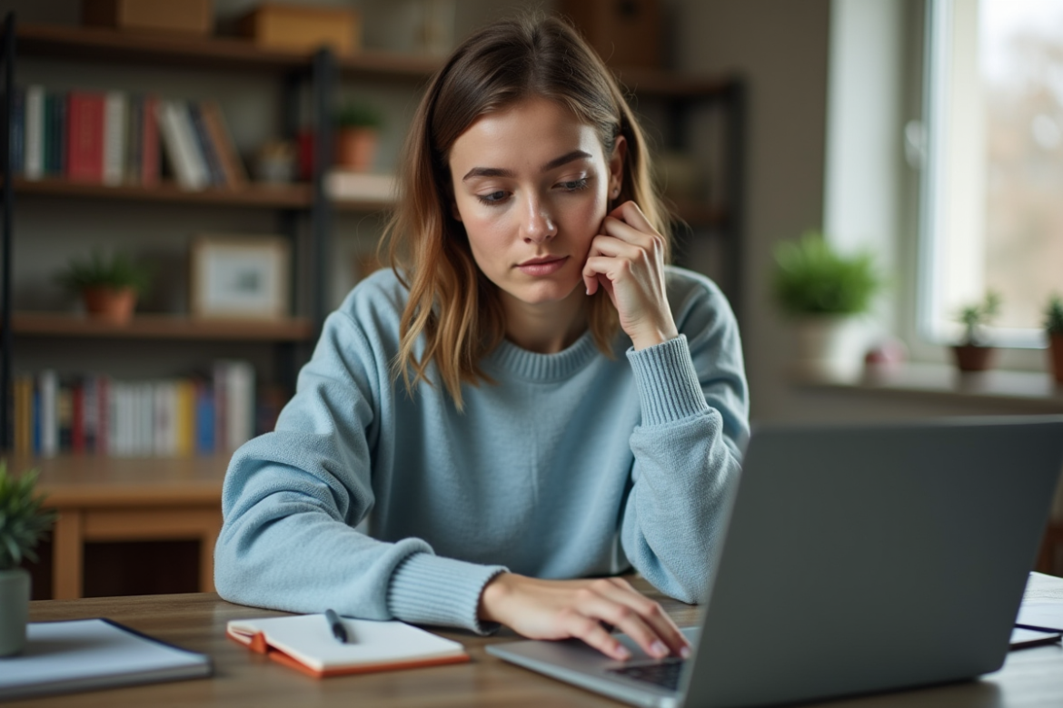 Jeune femme lisant un flux RSS dans un bureau moderne