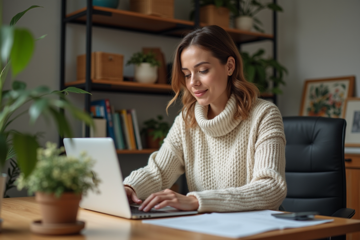 Femme travaillant sur son ordinateur dans un bureau cosy