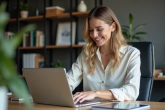 Femme en bureau moderne travaillant sur un ordinateur portable