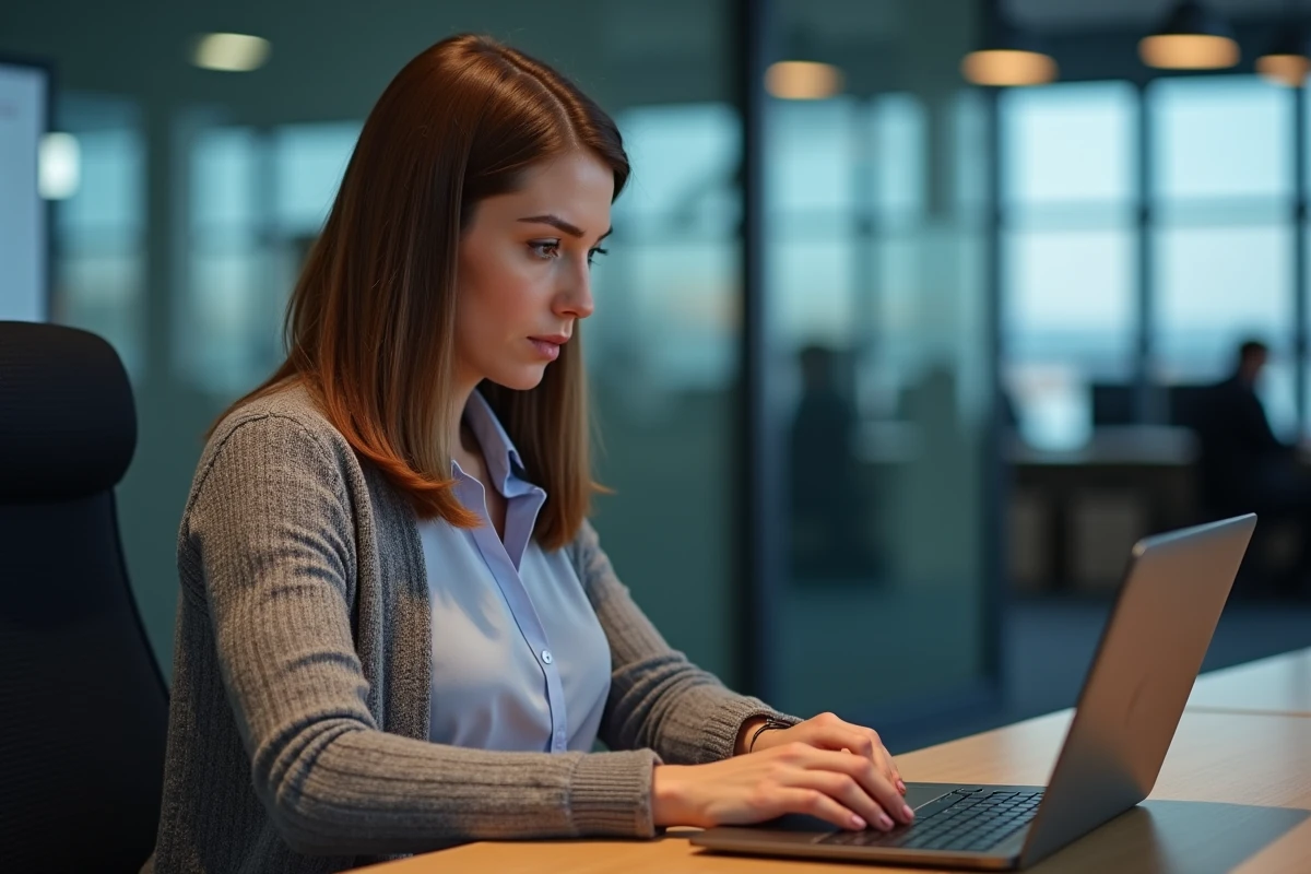 Femme au bureau examinant un message d'erreur sur son ordinateur