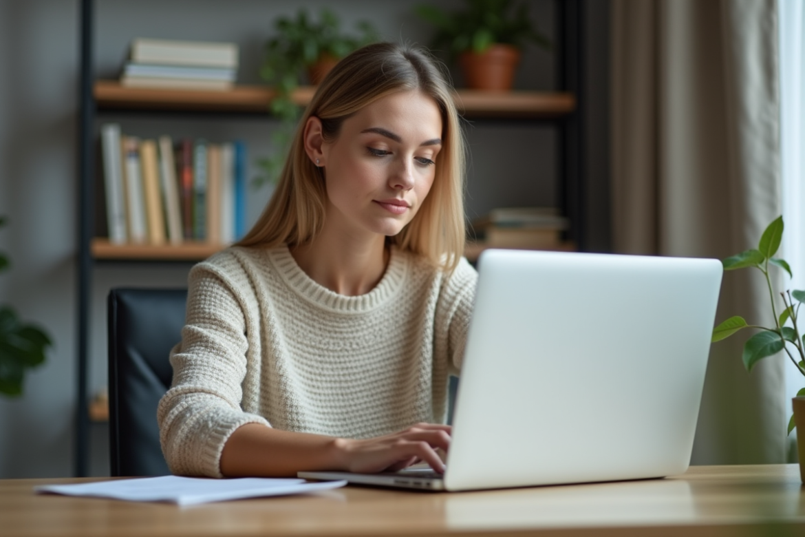 Femme en bureau moderne regardant son ordinateur