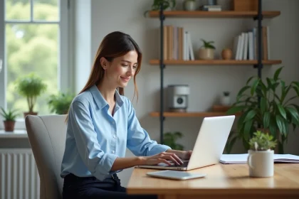 Femme au bureau triant ses emails sur un ordinateur portable