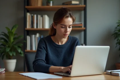 Femme concentrée sur son ordinateur dans un bureau moderne