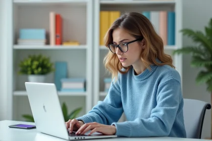 Jeune femme au bureau utilisant un ordinateur portable