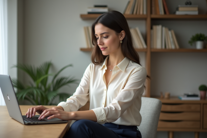 Jeune femme au bureau travaillant sur un ordinateur avec symbole cloud
