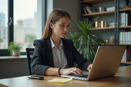 Femme au bureau vérifiant une mise à jour de sécurité