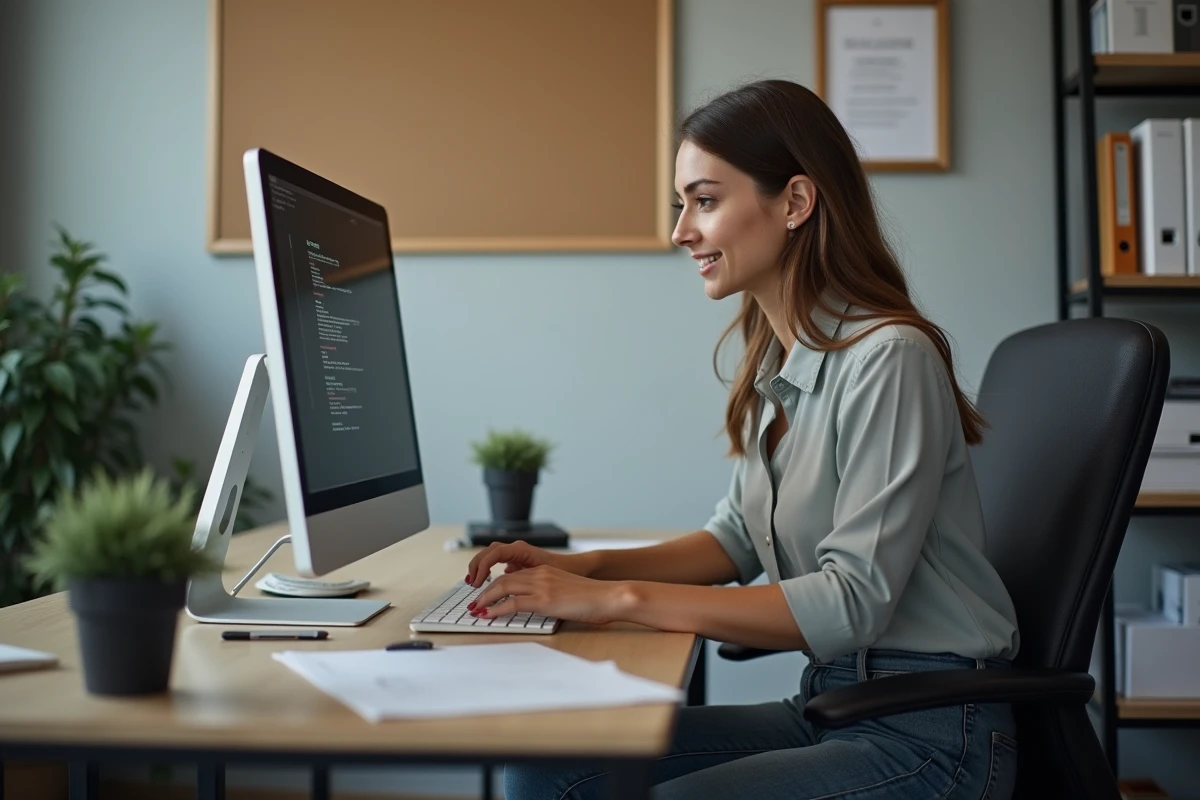 Femme utilisant un ordinateur dans un bureau professionnel