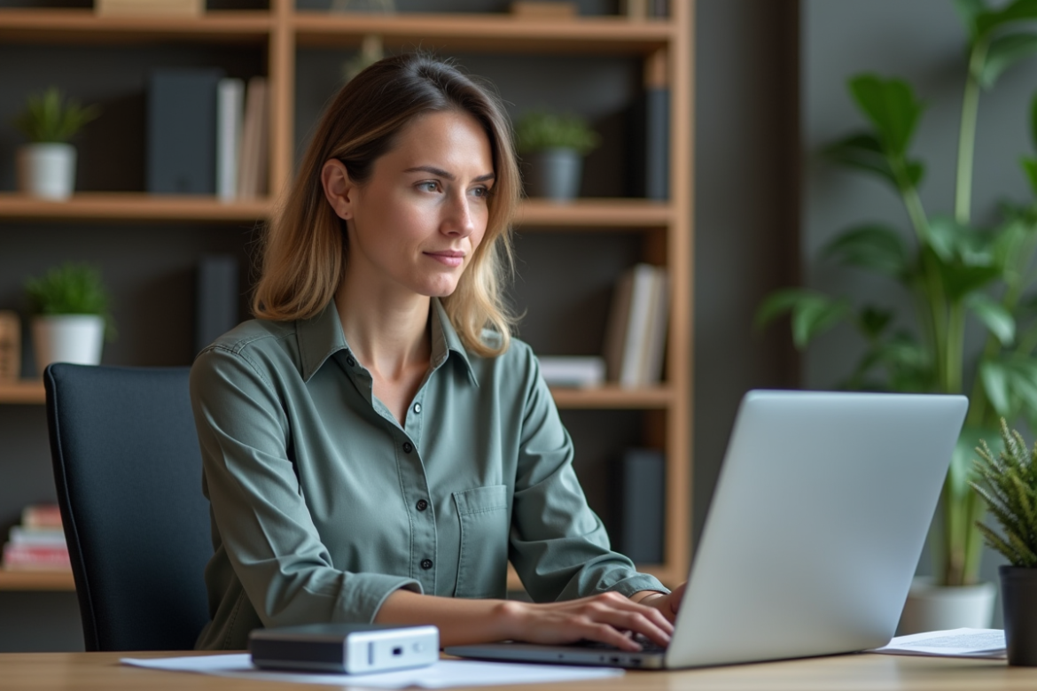 Femme au bureau sauvegardant des fichiers sur disque dur externe