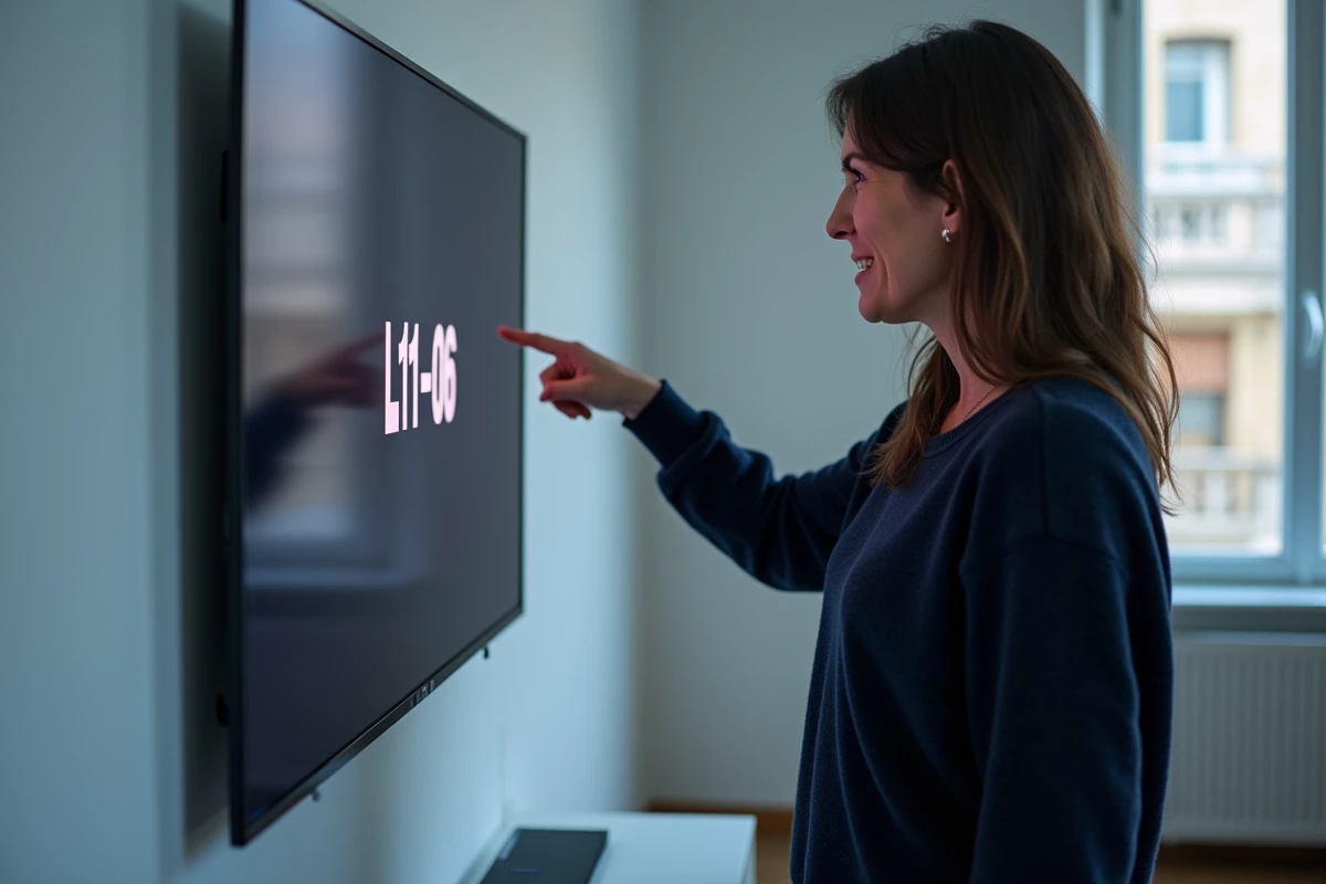 Femme pointant le code erreur L11-06 affiché sur un téléviseur Orange dans un appartement contemporain