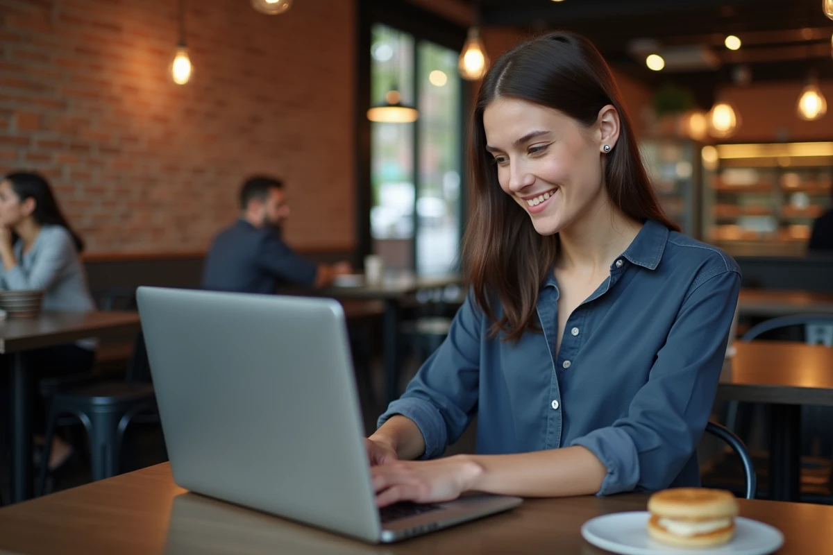 Femme configurant sa boîte mail Free sur un ordinateur portable dans un café moderne