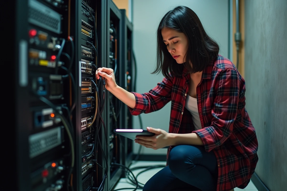 Femme configurant un équipement réseau pour une première installation Cyberflux dans un placard technique d'appartement, expression perplexe