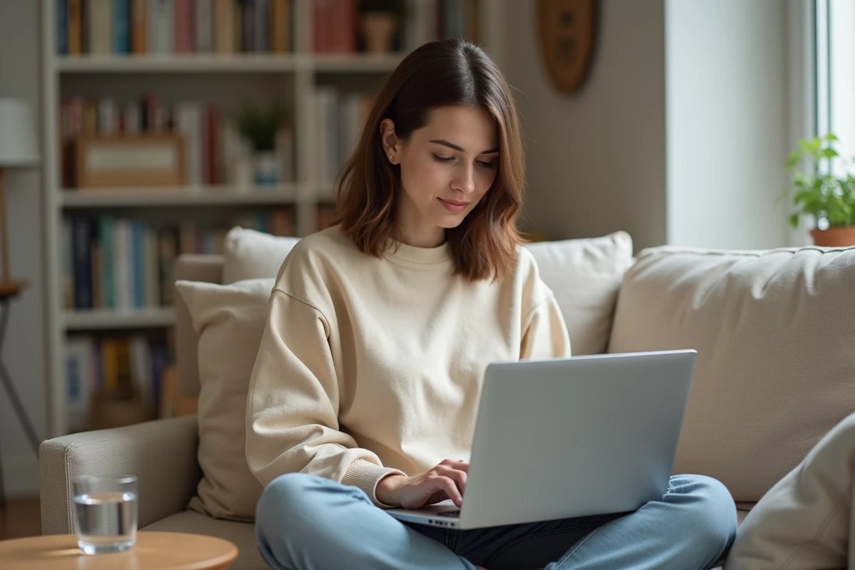 Femme consultant un guide de dépannage pour réparer Vanguard sur son ordinateur portable
