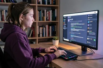 Jeune femme utilisant Discord sur ordinateur de bureau avec des messages en italique visibles dans l'interface de chat
