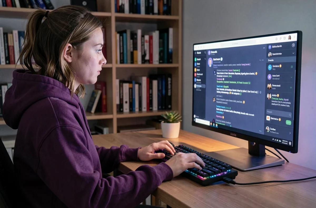 Jeune femme utilisant Discord sur ordinateur de bureau avec des messages en italique visibles dans l'interface de chat