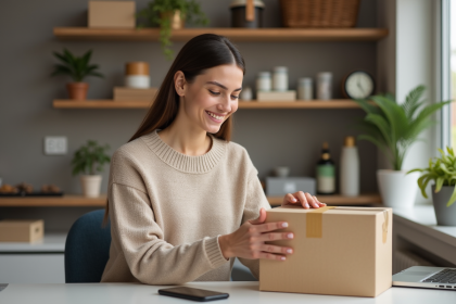 Jeune femme emballant un colis dans un bureau moderne
