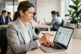 Femme en blazer gris travaillant sur Excel avec des formules de soustraction d'heures affichées à l'écran