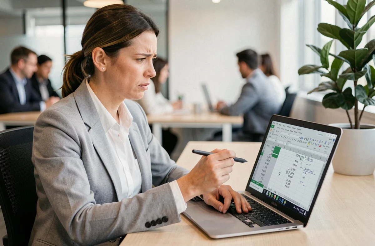 Femme en blazer gris travaillant sur Excel avec des formules de soustraction d'heures affichées à l'écran