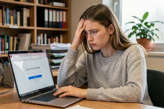 Jeune femme frustrée devant un écran d'ordinateur affichant une erreur de connexion webmail académique