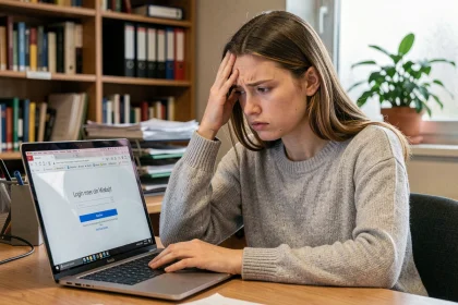 Jeune femme frustrée devant un écran d'ordinateur affichant une erreur de connexion webmail académique