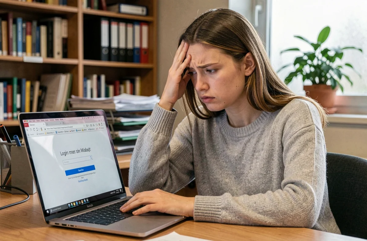 Jeune femme frustrée devant un écran d'ordinateur affichant une erreur de connexion webmail académique