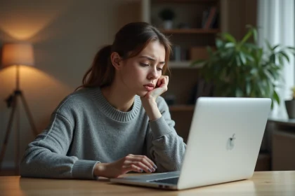 Jeune femme frustrée devant un ordinateur portable affichant un écran de chargement lent