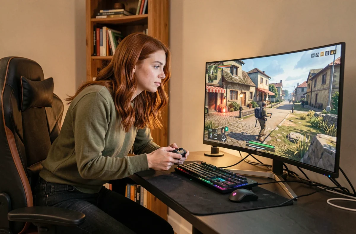 Femme joueuse devant un écran OLED 1440p dans un espace gaming confortable