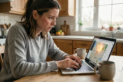 Femme inquiète utilisant iCloud Localiser sur MacBook pour retrouver un appareil perdu