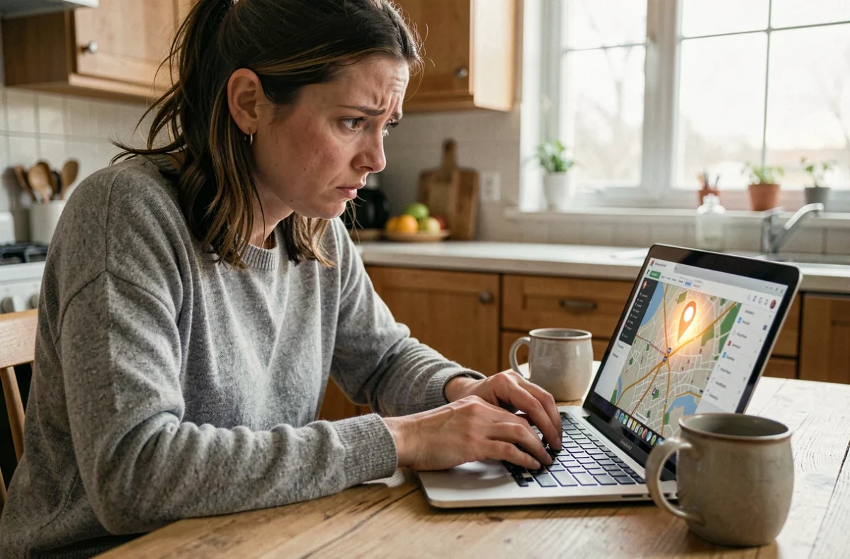 Femme inquiète utilisant iCloud Localiser sur MacBook pour retrouver un appareil perdu
