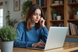 Jeune femme au bureau à la maison utilisant un ordinateur portable