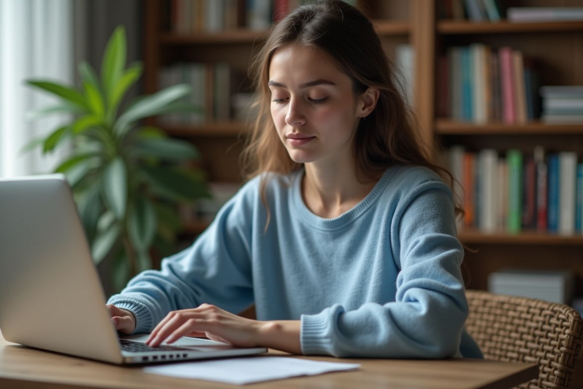 Jeune femme lisant des actualites sur son ordinateur dans un bureau cosy