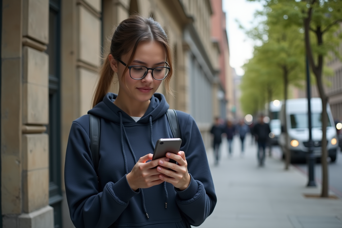 Jeune femme marchant dans la ville en vérifiant la météo