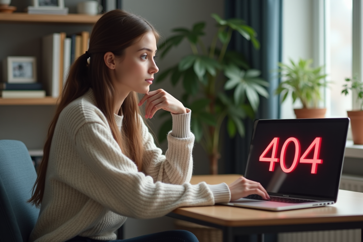 Jeune femme perplexe face à erreur 404 sur son ordinateur