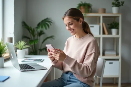 Jeune femme regardant un GIF coloré sur son smartphone