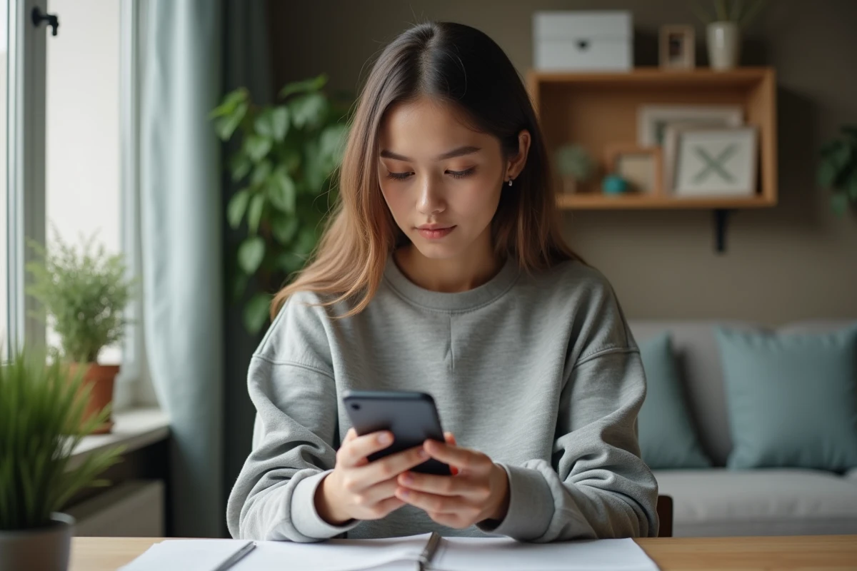 Jeune femme avec smartphone Android organise ses fichiers