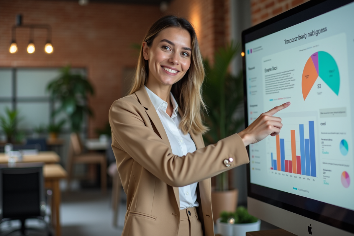 Femme en blazer expliquant un site web à une collègue dans un espace créatif