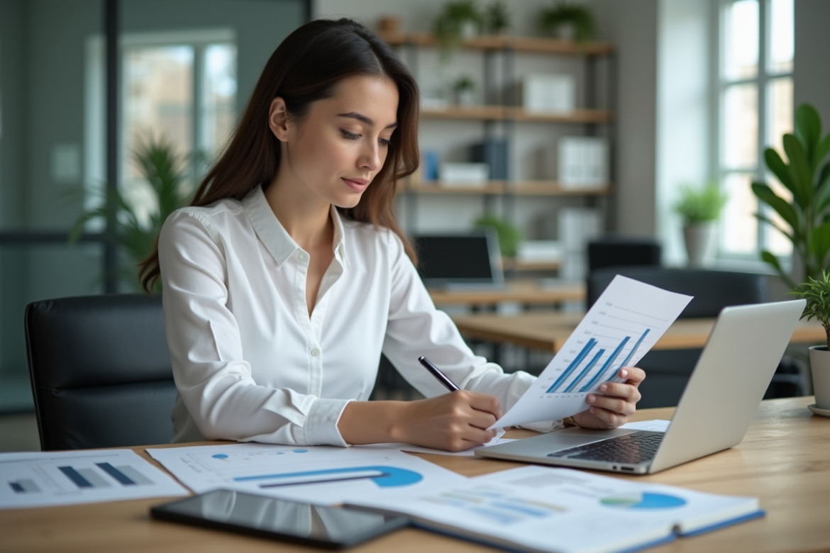 Jeune femme professionnelle analysant des graphiques dans un bureau lumineux