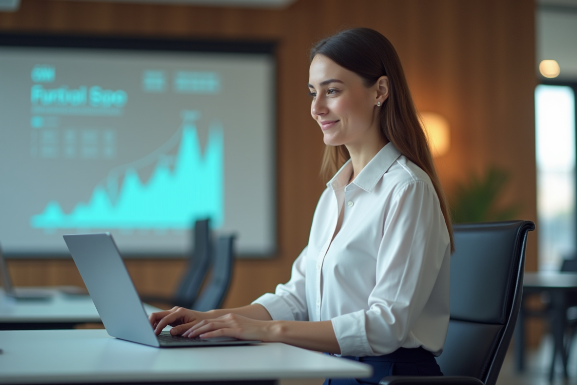 Jeune femme professionnelle utilisant un logiciel CRM moderne