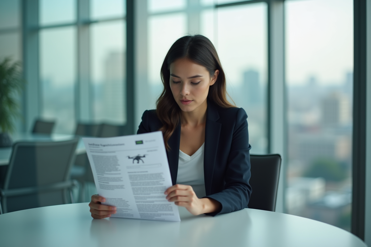 Jeune femme en réunion examinant un document sur les drones