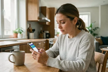 Femme consultant les paramètres de stockage Samsung Cloud sur son smartphone dans une cuisine moderne
