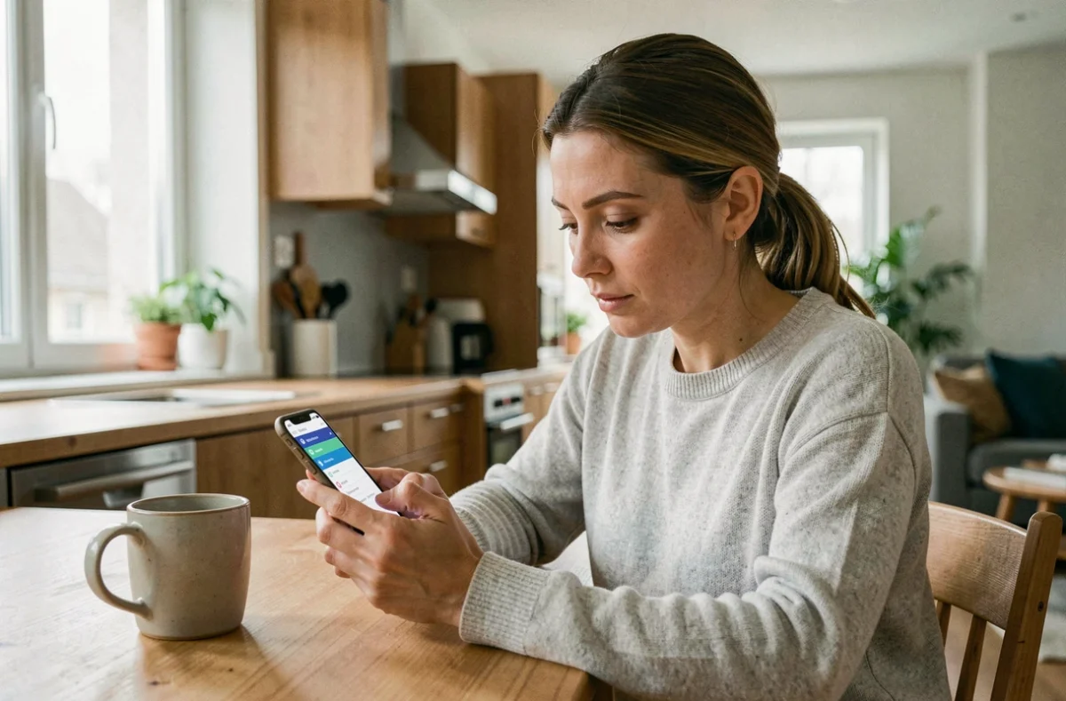 Femme consultant les paramètres de stockage Samsung Cloud sur son smartphone dans une cuisine moderne