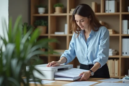 Femme en bleu scannant des documents dans un bureau moderne