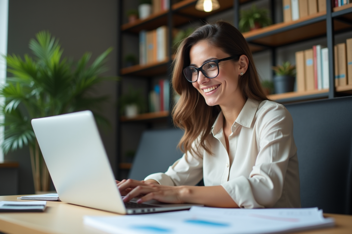 Femme professionnelle analysant des données SEO sur son ordinateur