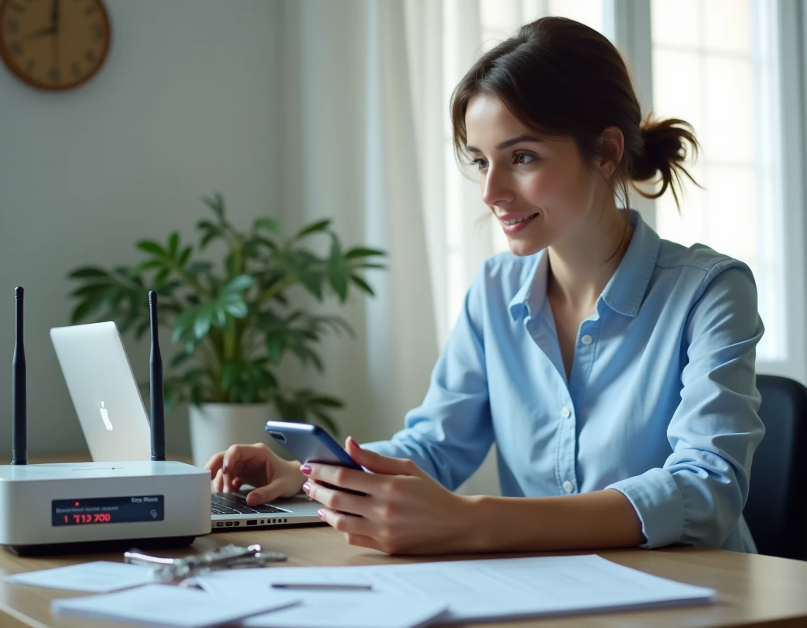 Femme contactant le service client Free sur smartphone avec sa Freebox en erreur sur le bureau
