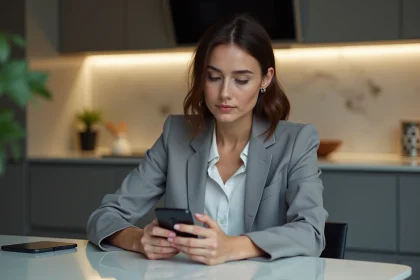 Femme en tenue décontractée utilisant son smartphone dans une cuisine moderne