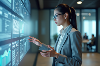 Jeune femme en costume gris avec écran digital futuriste