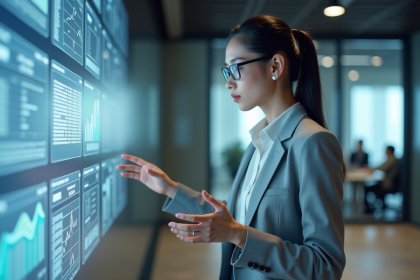 Jeune femme en costume gris avec écran digital futuriste